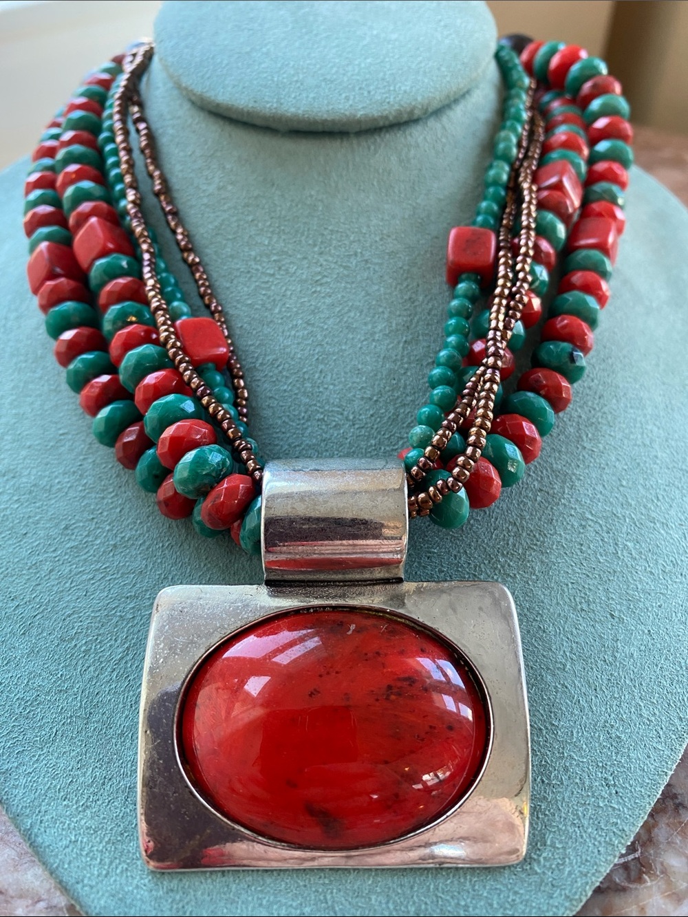 Red & Green Beaded Statement Necklace - Bold Multi-Strand Pendant